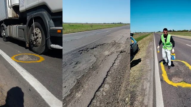 Ruta 11: por su calamitoso estado, salieron a pintar y a señalizar pozos y baches