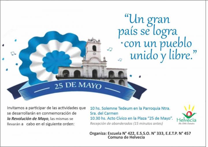 Helvecia: La Comuna invita al Acto Conmemorativo del °213 Aniversarios de la Revolución de Mayo